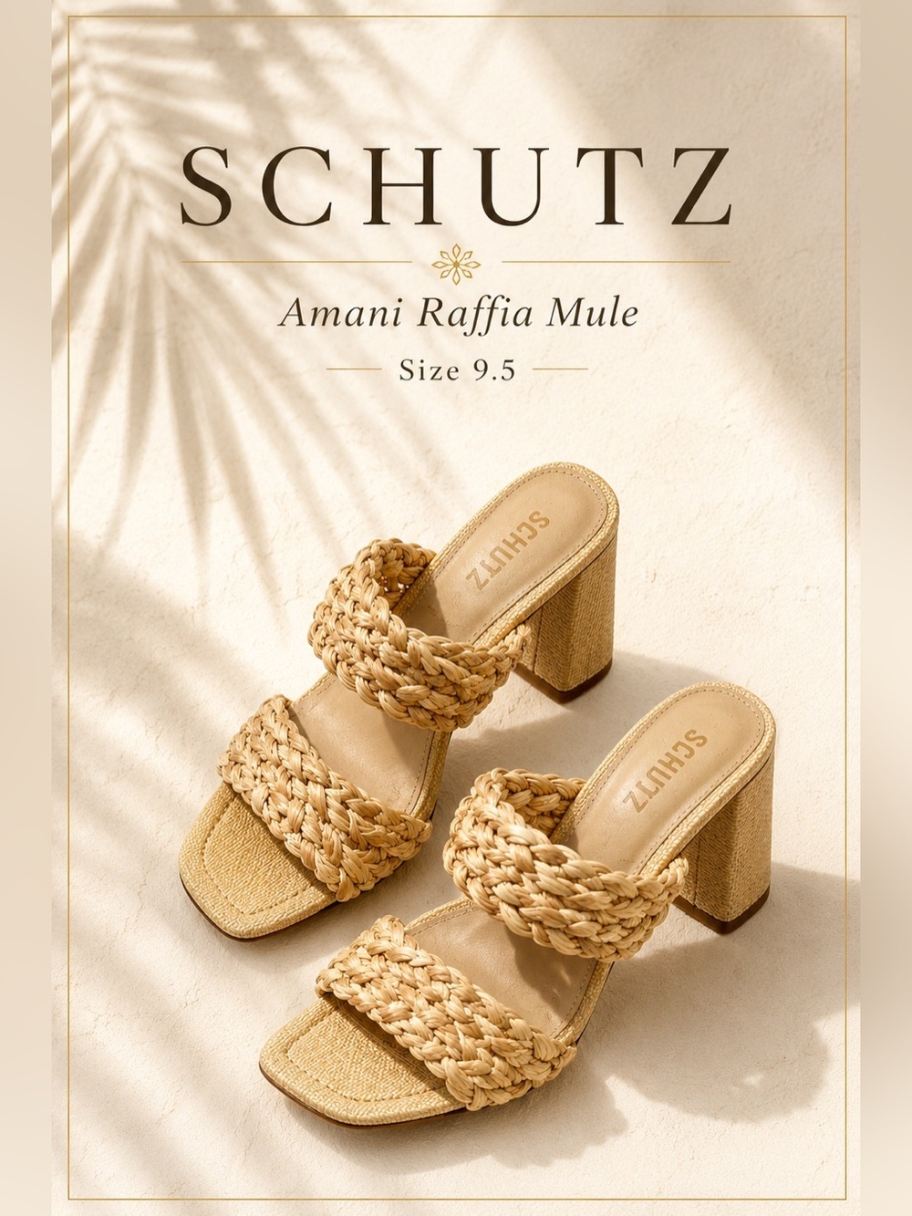 Schutz Amani Raffia Block Heel Mule Sandals Natural Size 9.5 NIB